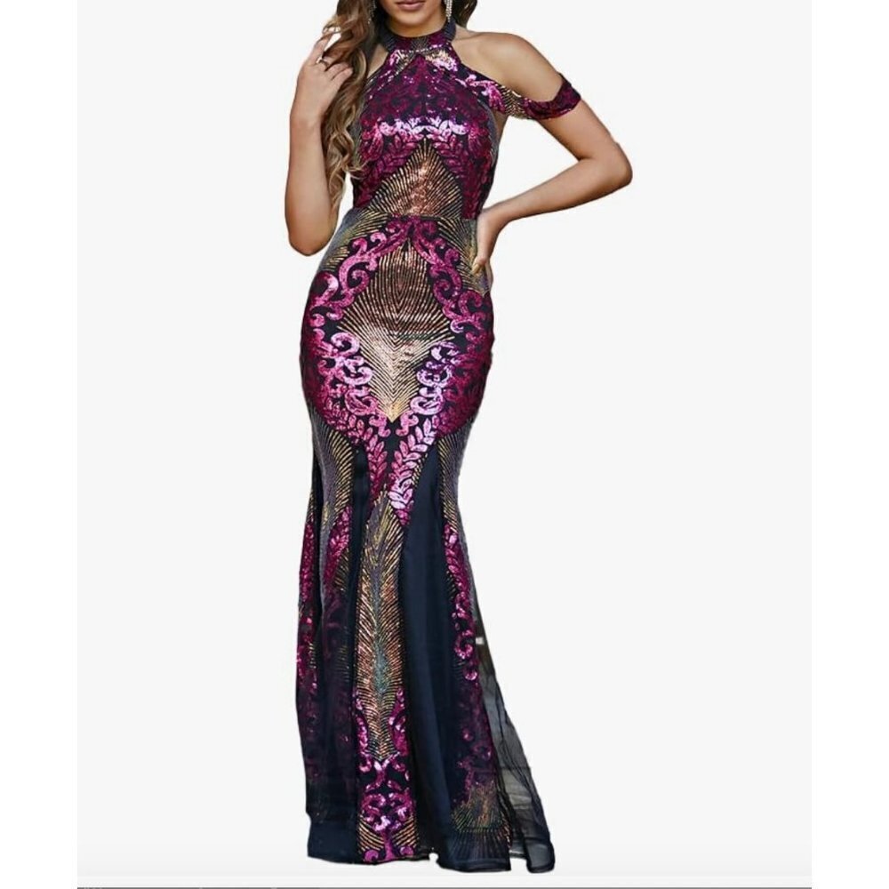 Formal Backless Sequin Halter Prom Dress